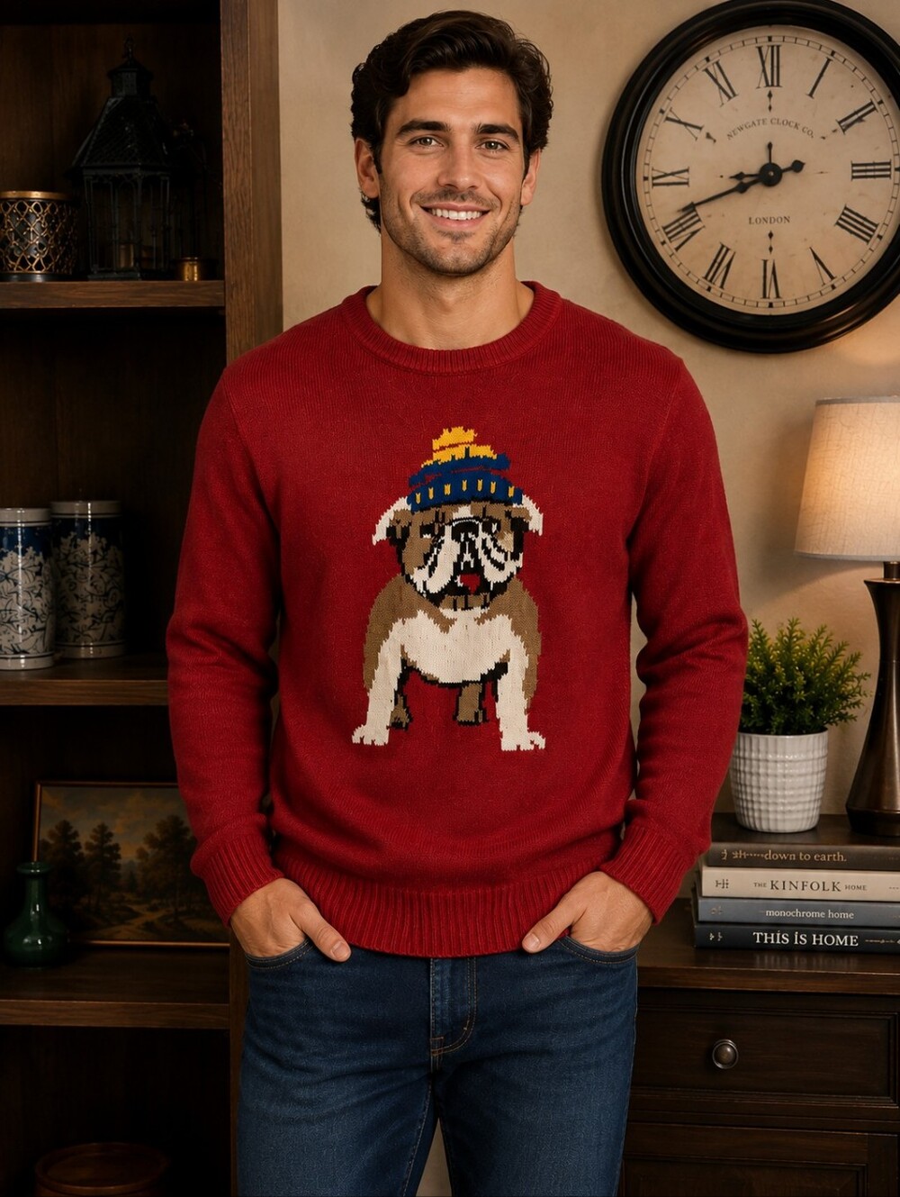 Club‎ Room Mens Red Bulldog Knit Crewneck Sweater Preppy Novelty XXL